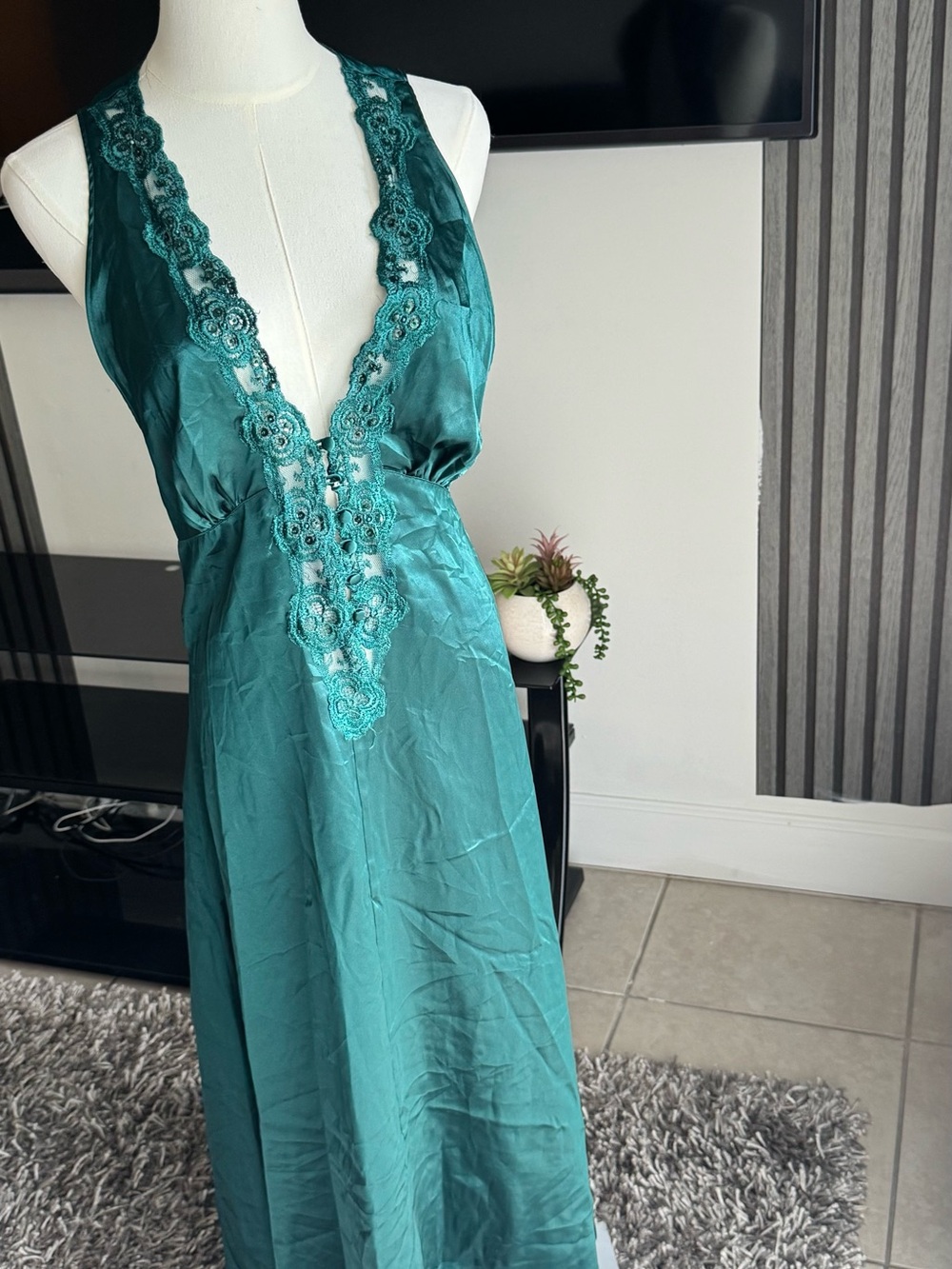 Victoria's Secret Teal Satin Lace-Trim Nightgown